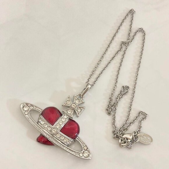 Vivienne Westwood Diamante Heart Orb Large Necklace Silver Red with drawstring - Picture 1 of 9